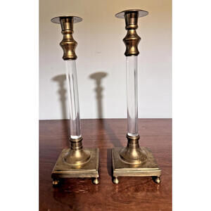 Brass Lucite Candlestick Holders 11.5in Tall Set of 2